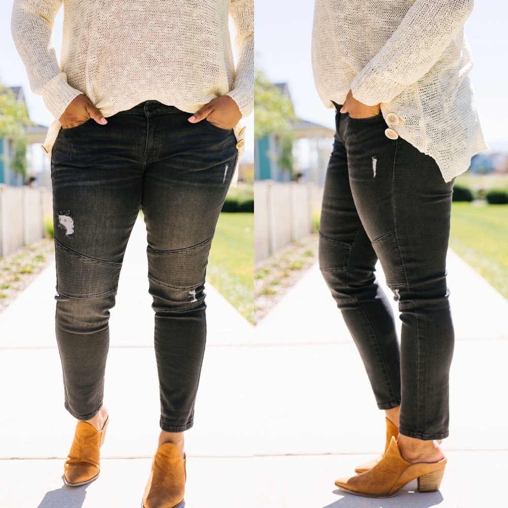 KanCan Distressed Dark Gray Modern Moto Jeans - Picture 3 of 8